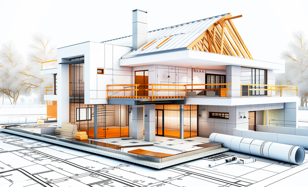 Building house on blueprints - construction project of a modern house